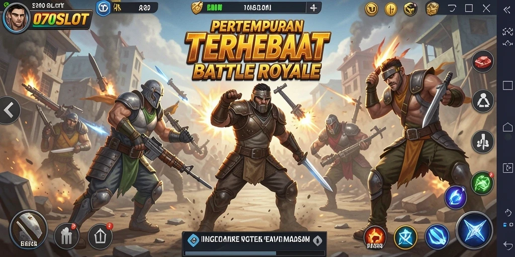 Screenshot gameplay 070SLOT menunjukkan aksi Battle Royale yang intens.