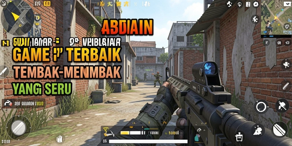 Screenshot gameplay 55RT menunjukkan aksi tembak-menembak yang intens di arena pertempuran.