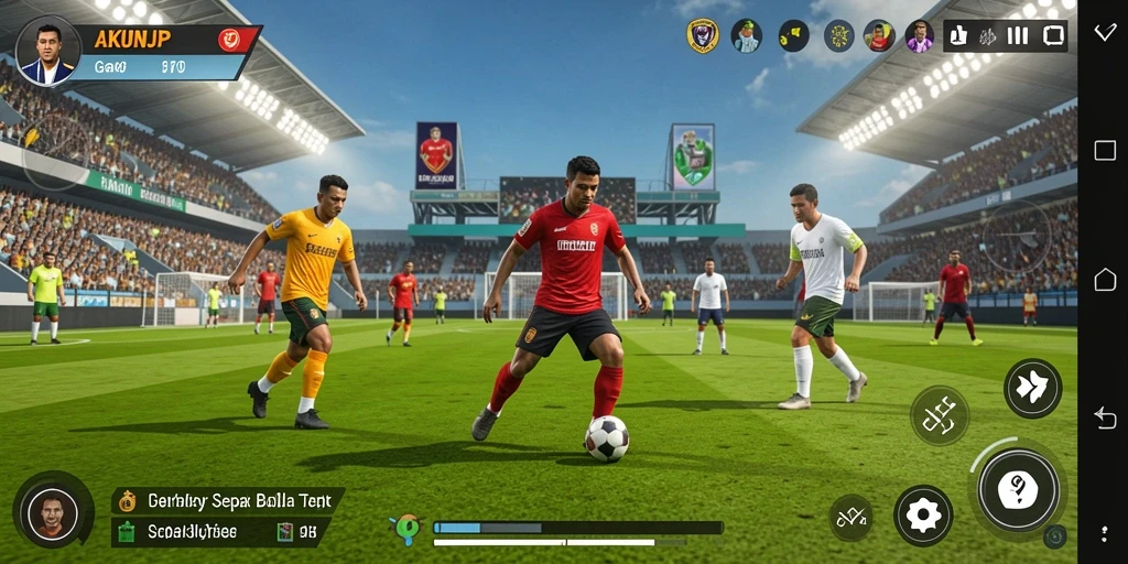Screenshot gameplay AKUNJP yang menunjukkan aksi seru di lapangan sepak bola.