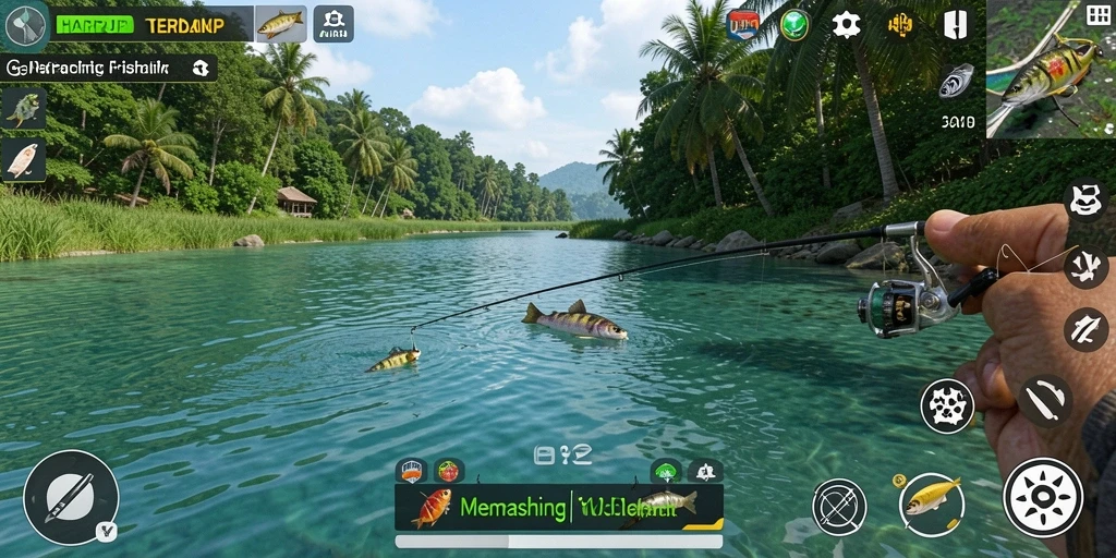 Tampilan screen capture gameplay dalam agresifnya menangkap ikan di laut.