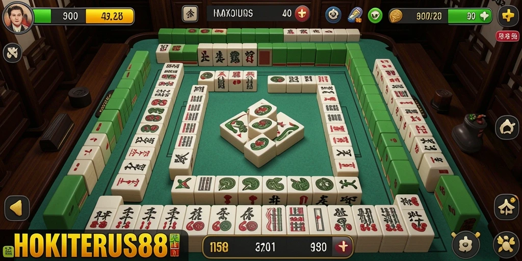 Tampilan gameplay HOKITERUS88 dengan ubin Mahjong berwarna-warni.