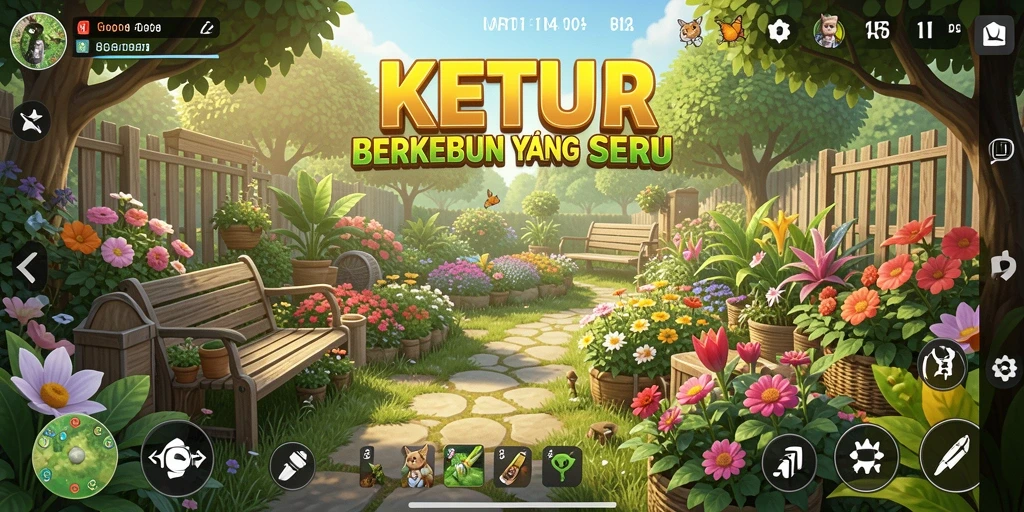 Screenshot gameplay KETUA menunjukkan suasana berkebun yang ceria.