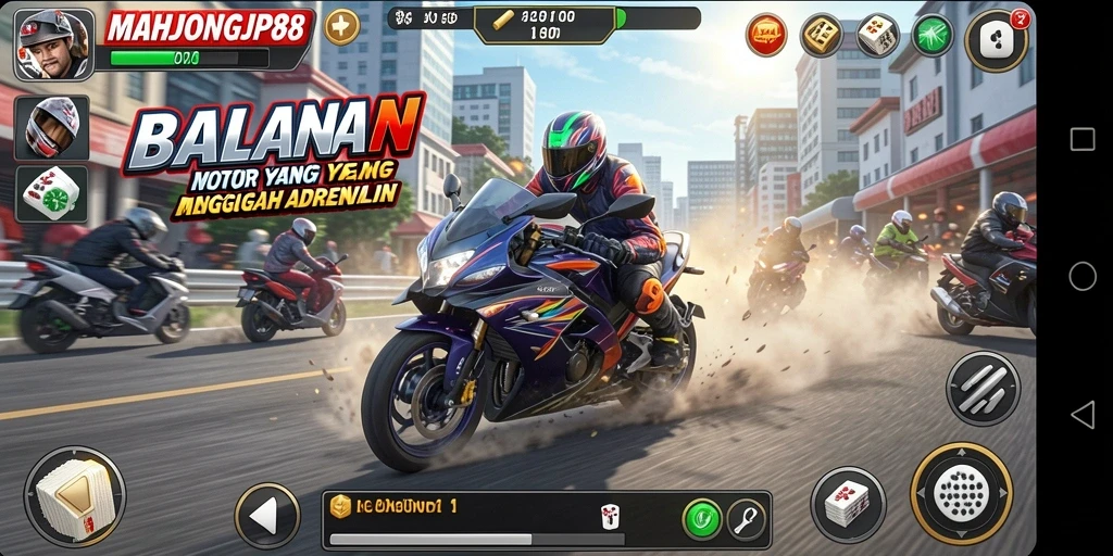 Screenshot gameplay MAHJONGJP88 menunjukkan aksi balapan motor yang mendebarkan.