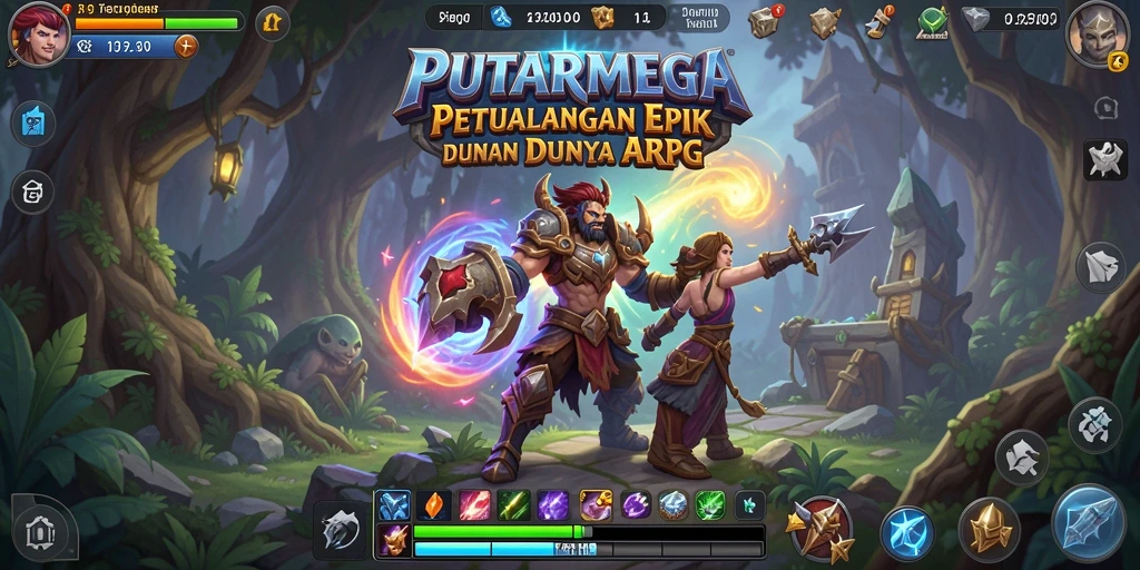 Tampilan gameplay PUTARMEGA yang menampilkan pertempuran epik di dunia fantasi.
