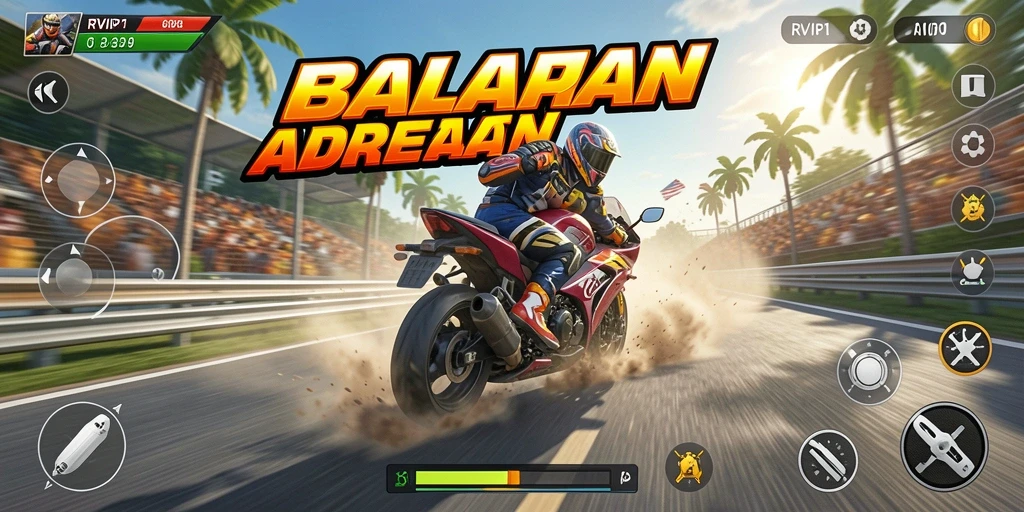 Tampilan seru gameplay RVIP1 saat balapan motor di trek menantang.